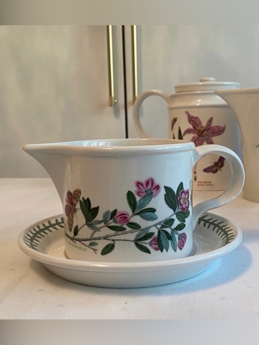 Portmeirion • “The Botanic Garden” Gravy Boat & Saucer in Rhododendron Pattern